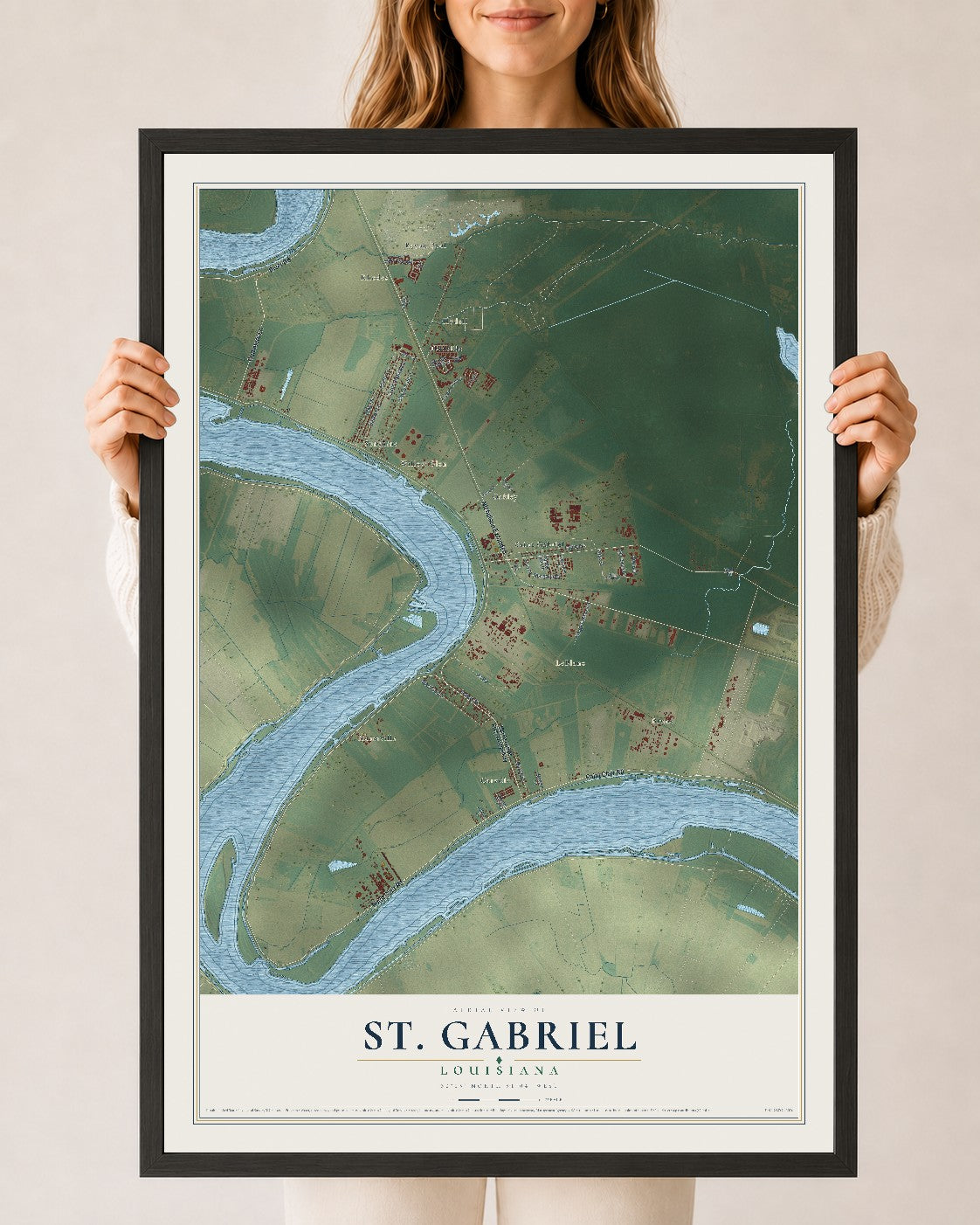 Map of St. Gabriel, Louisiana, 24 x 36 inch print in a black wood frame
