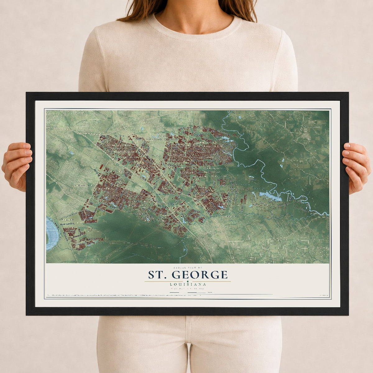 Map of St. George, Louisiana, 12 x 18 inch print in a black wood frame