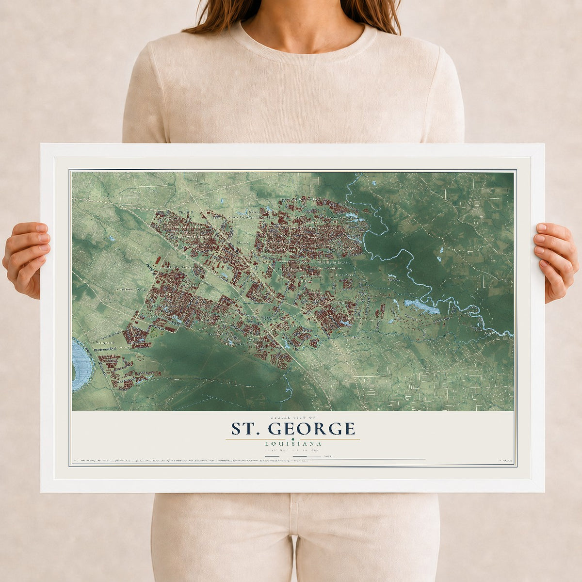 Map of St. George, Louisiana, 12 x 18 inch print in a white wood frame