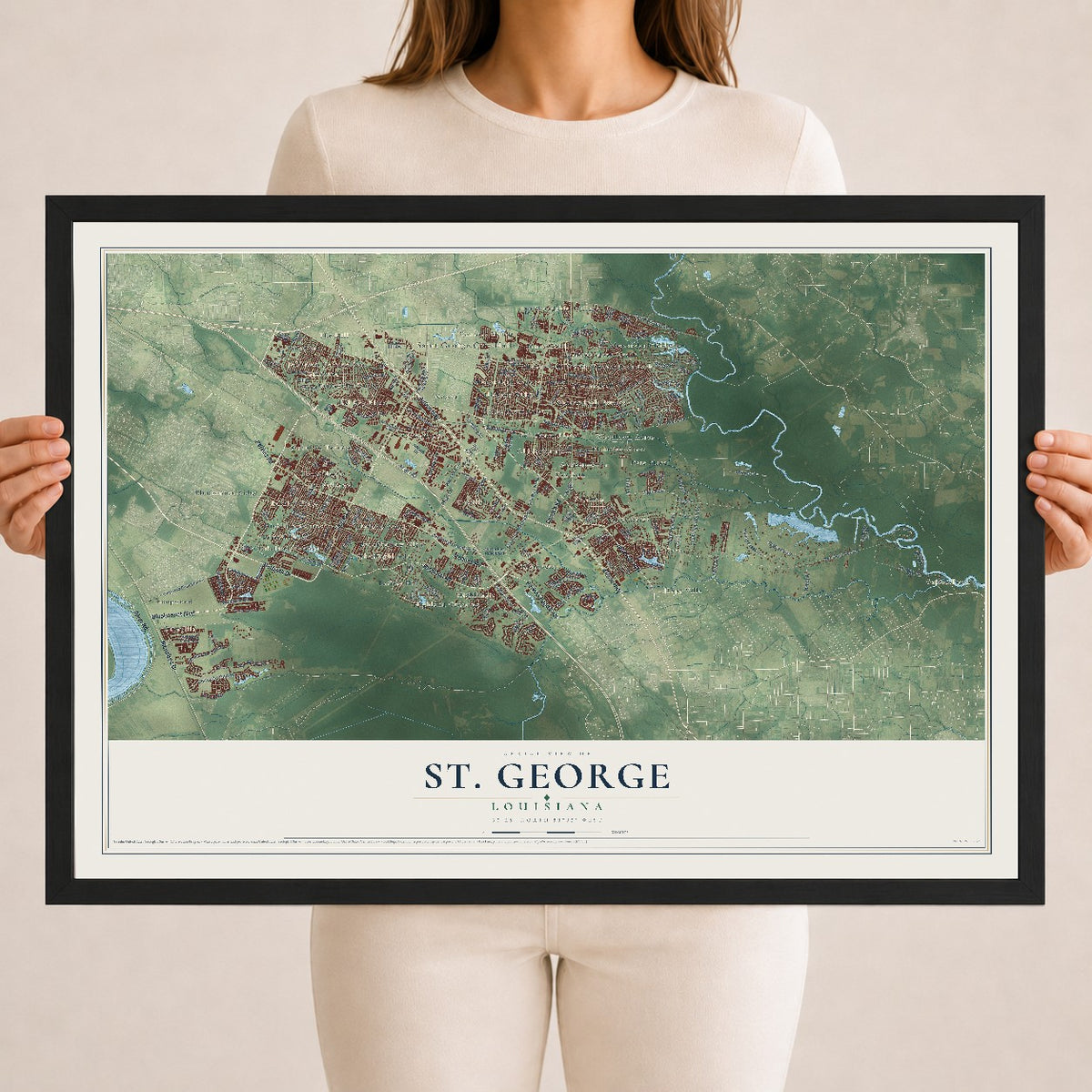 Map of St. George, Louisiana, 18 x 24 inch print in a black wood frame