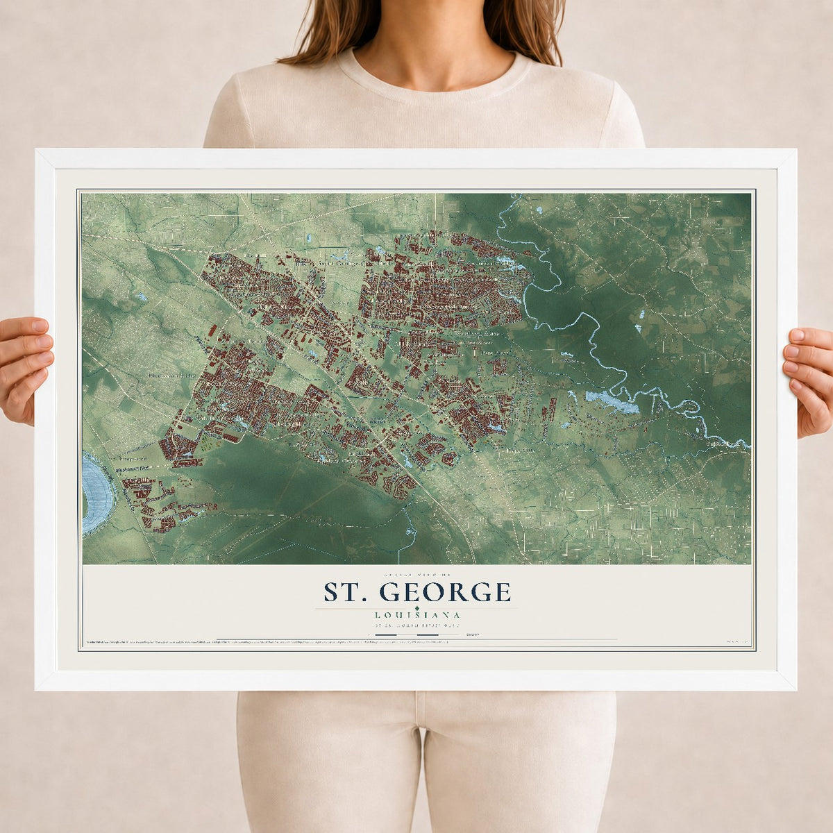 Map of St. George, Louisiana, 18 x 24 inch print in a white wood frame