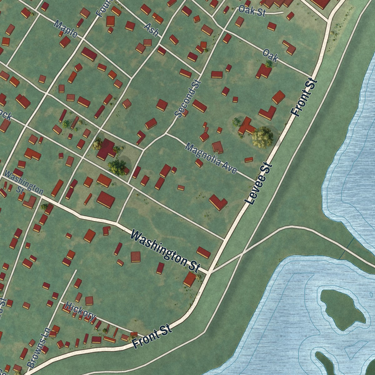 Close-up of the map of St. Joseph, Louisiana print showing street and building detail