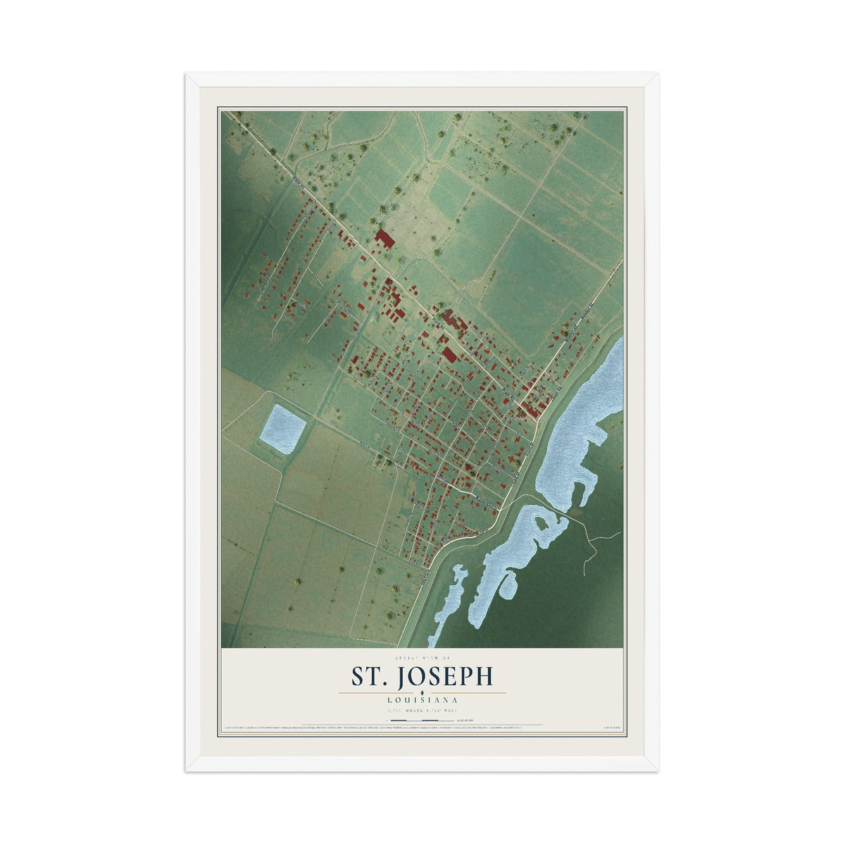 Map of St. Joseph, Louisiana, 12 x 18 inch print in a white wood frame