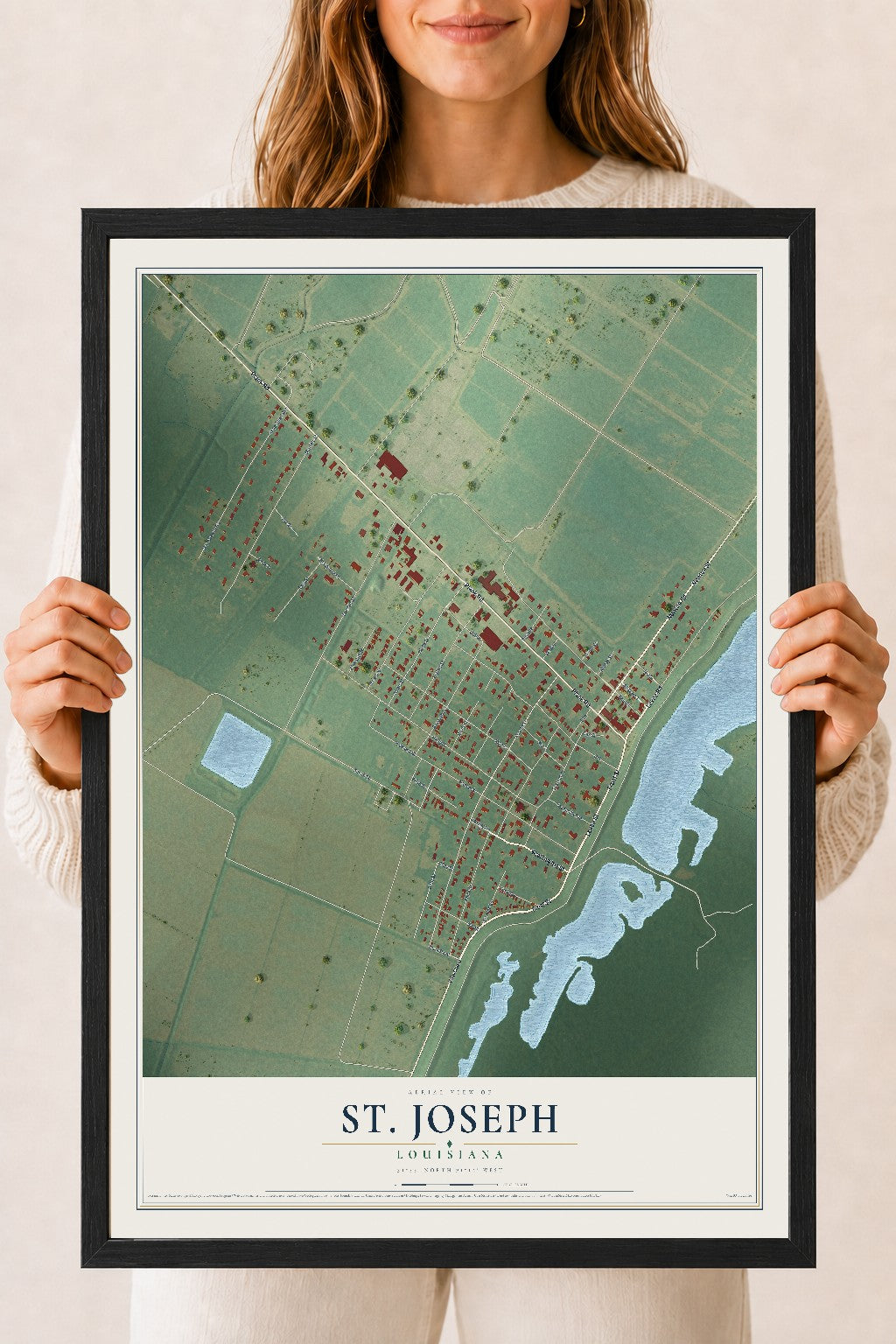 Map of St. Joseph, Louisiana, 18 x 24 inch print in a black wood frame