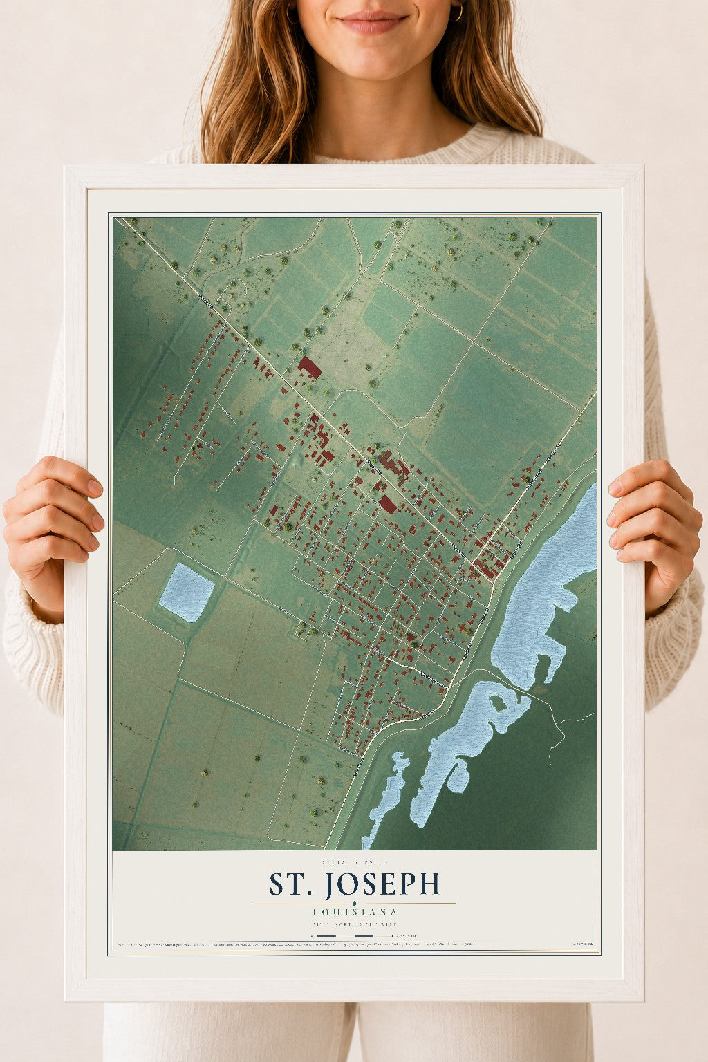 Map of St. Joseph, Louisiana, 18 x 24 inch print in a white wood frame
