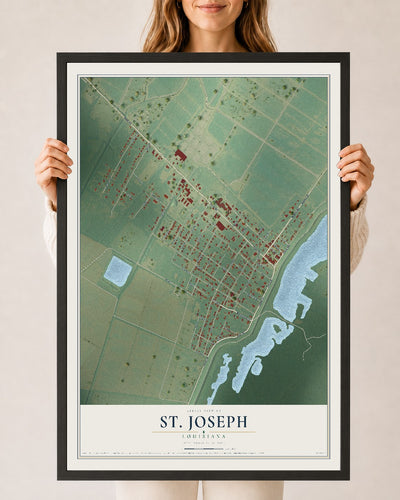 Map of St. Joseph, Louisiana, 24 x 36 inch print in a black wood frame