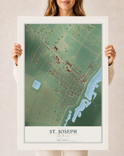 Map of St. Joseph, Louisiana, 24 x 36 inch print in a white wood frame
