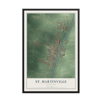 Map of St. Martinville, Louisiana, 12 x 18 inch print in a black wood frame