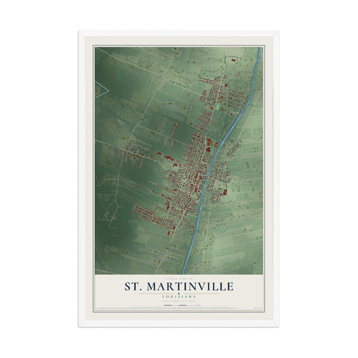 Map of St. Martinville, Louisiana, 12 x 18 inch print in a white wood frame