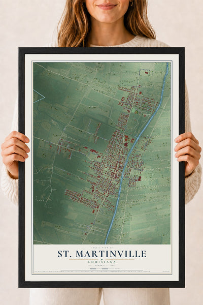Map of St. Martinville, Louisiana, 18 x 24 inch print in a black wood frame