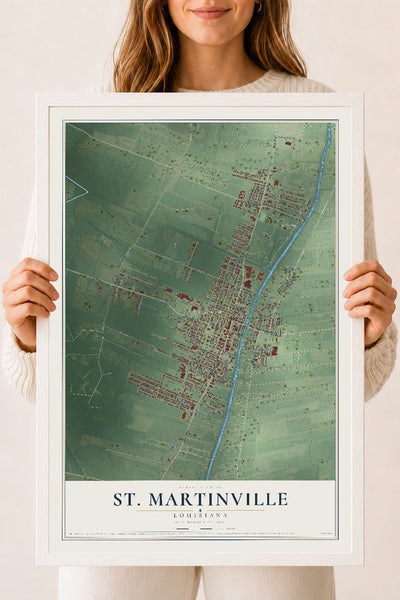 Map of St. Martinville, Louisiana, 18 x 24 inch print in a white wood frame