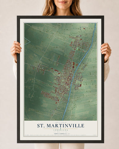 Map of St. Martinville, Louisiana, 24 x 36 inch print in a black wood frame