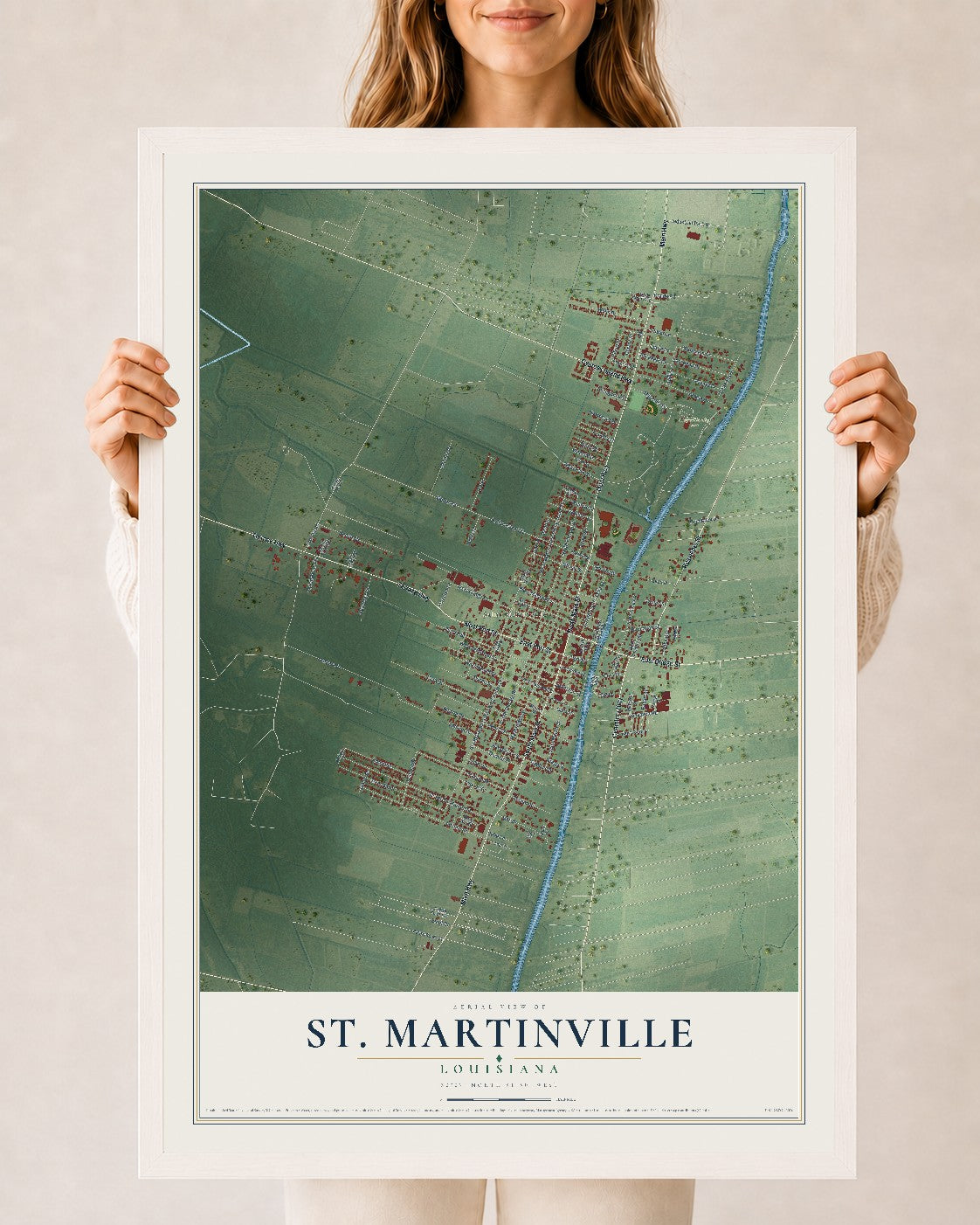 Map of St. Martinville, Louisiana, 24 x 36 inch print in a white wood frame