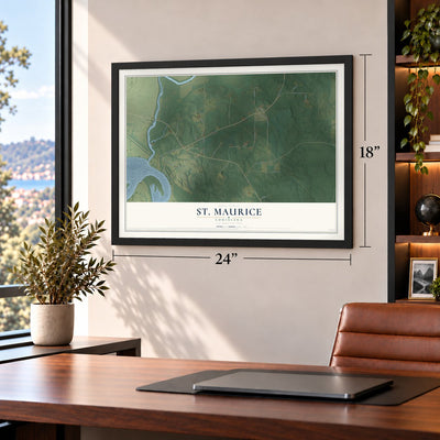 St. Maurice, Louisiana map, 18 x 24 inch print in a black frame in a home office