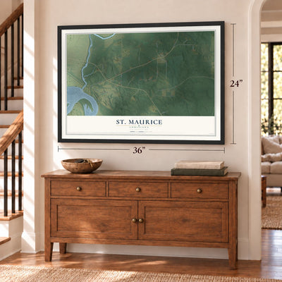 St. Maurice, Louisiana map, 24 x 36 inch print in a black frame above a dresser by a staircase