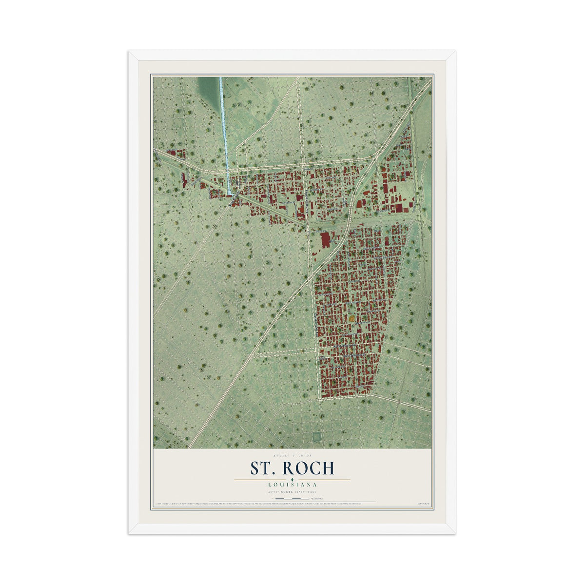 Map of St. Roch, Louisiana, 12 x 18 inch print in a white wood frame