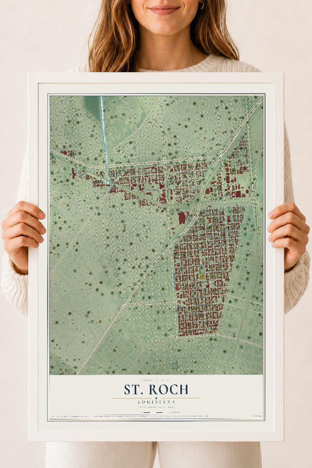 Map of St. Roch, Louisiana, 18 x 24 inch print in a white wood frame
