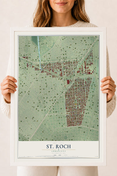 Map of St. Roch, Louisiana, 18 x 24 inch print in a white wood frame