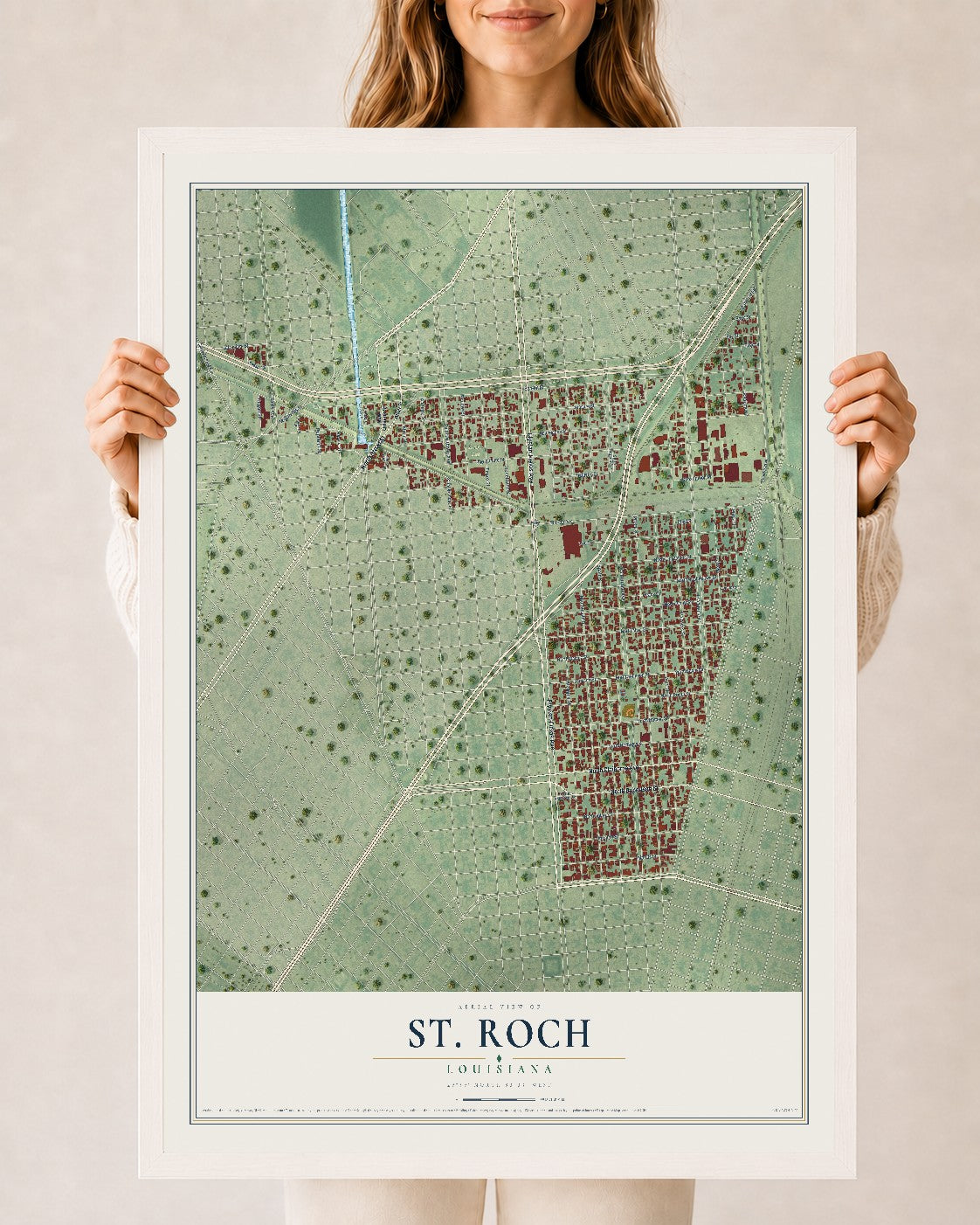 Map of St. Roch, Louisiana, 24 x 36 inch print in a white wood frame
