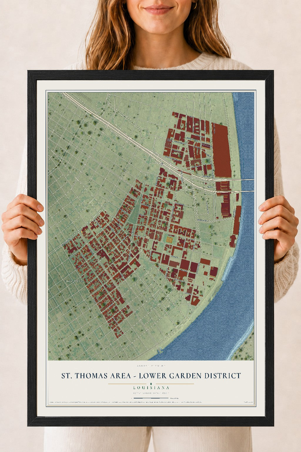 Map of St. Thomas Area - Lower Garden District, Louisiana, 18 x 24 inch print in a black wood frame