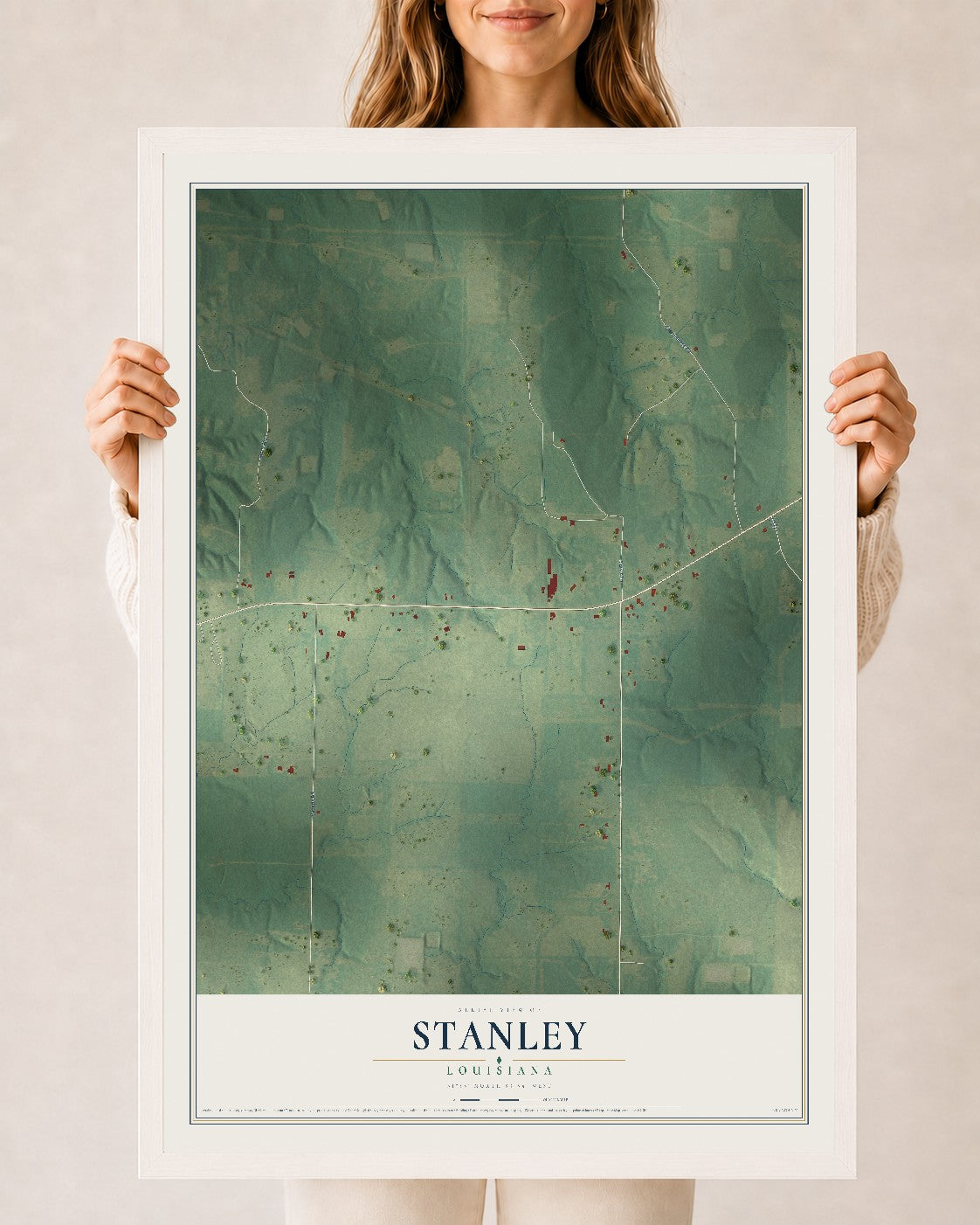 Map of Stanley, Louisiana, 24 x 36 inch print in a white wood frame