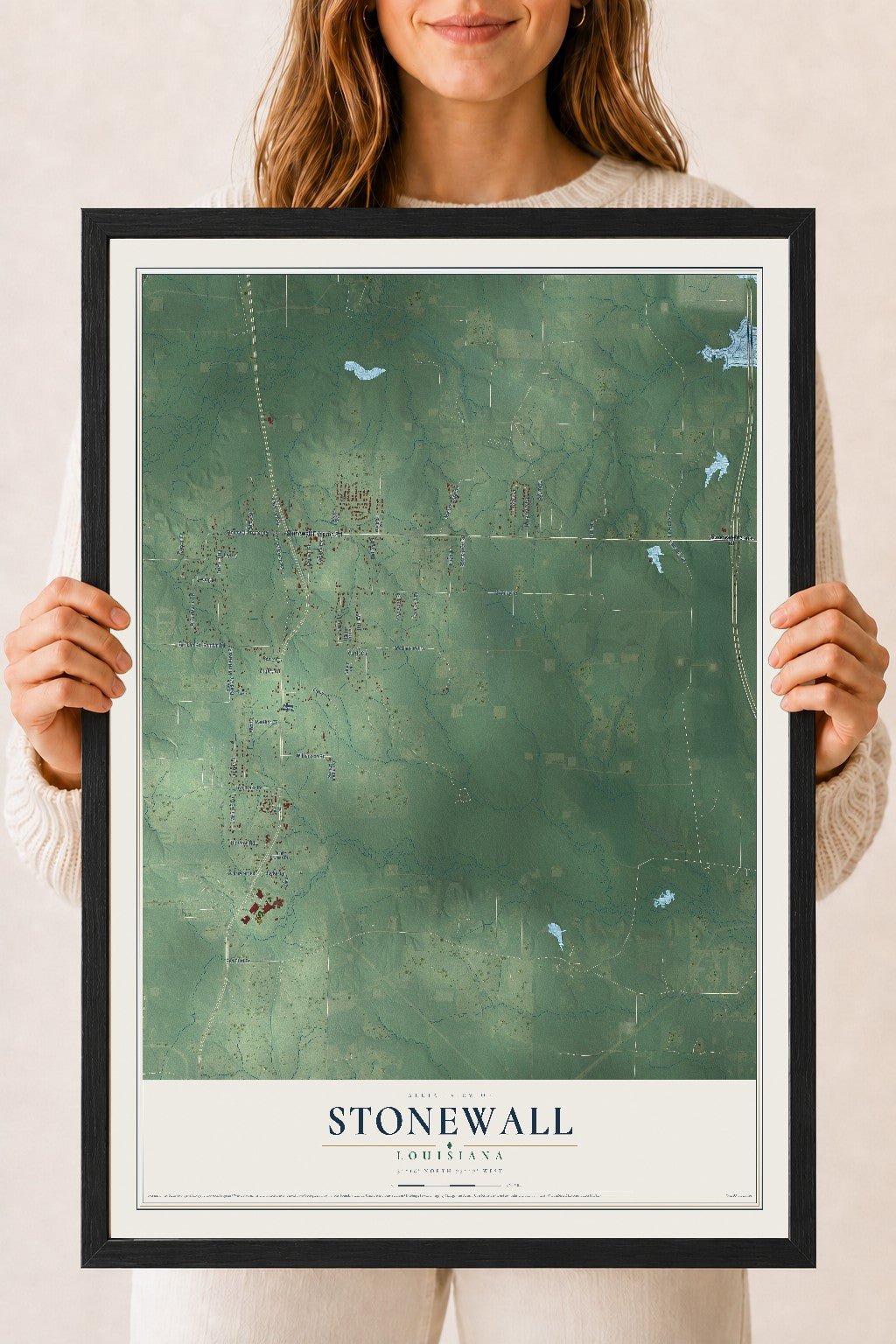 Map of Stonewall, Louisiana, 18 x 24 inch print in a black wood frame