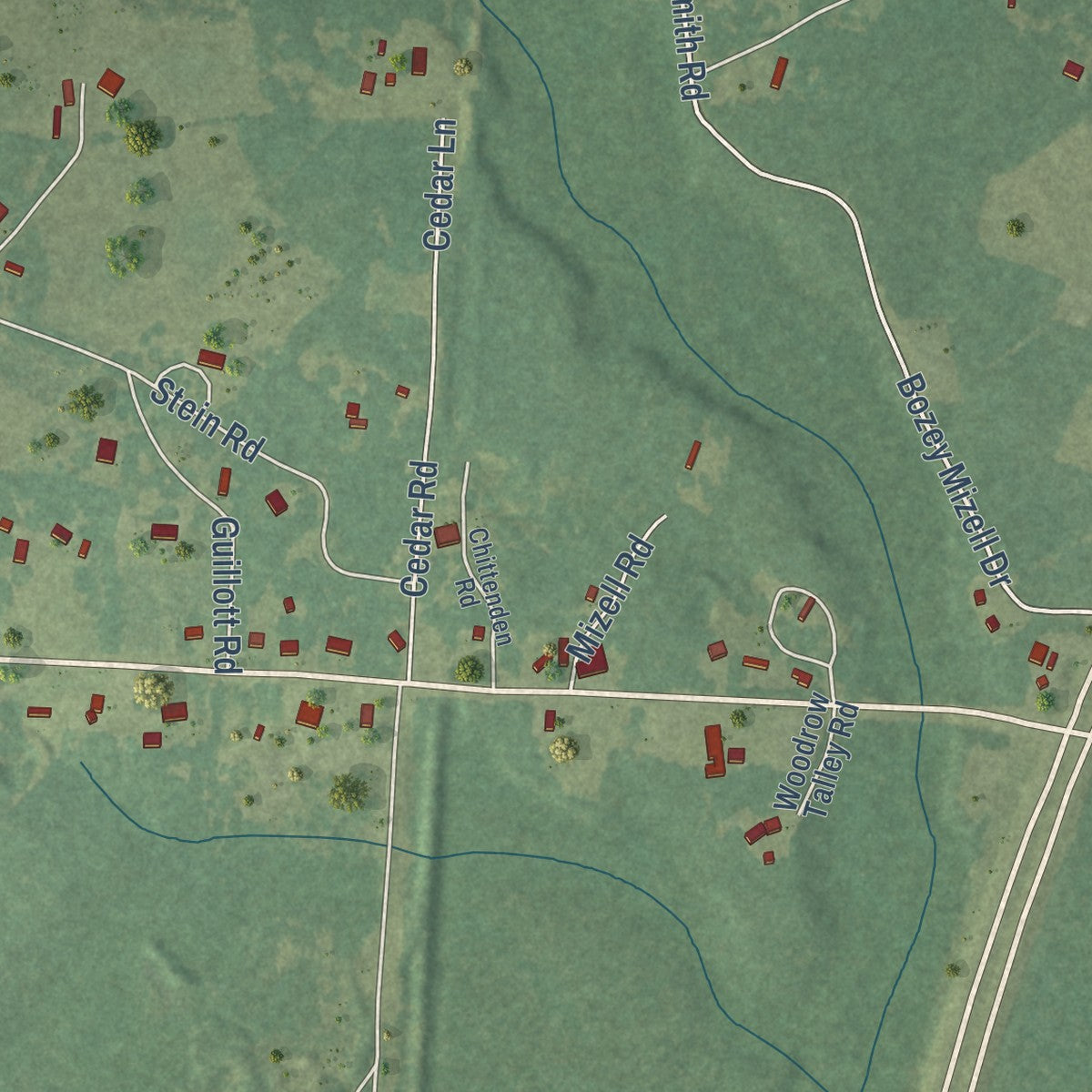 Second close-up of the map of Sun, Louisiana print showing more streets and buildings