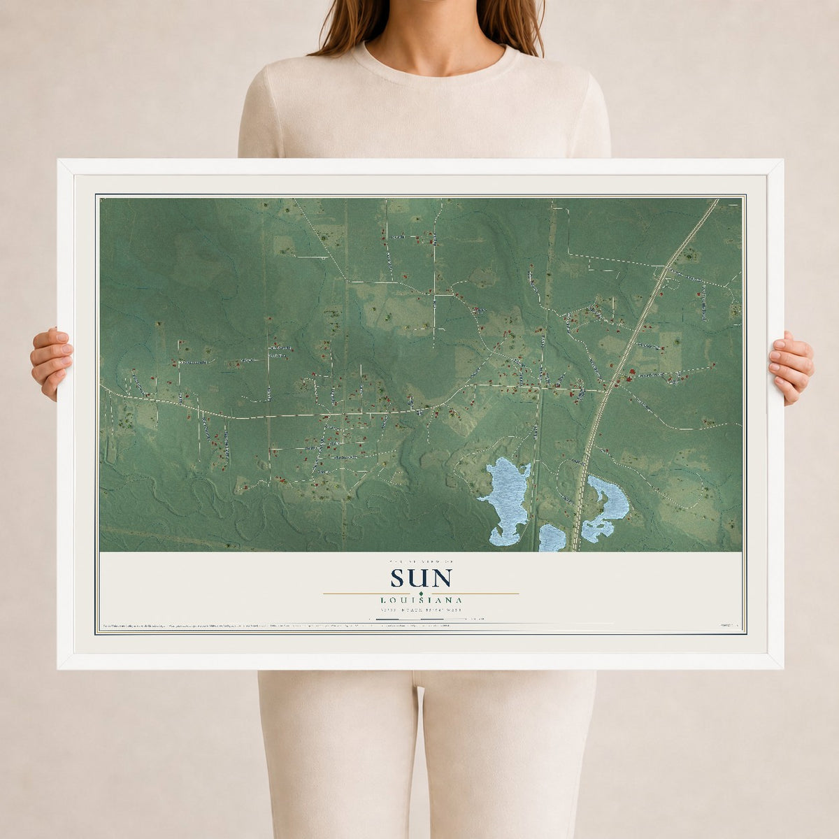 Map of Sun, Louisiana, 24 x 36 inch print in a white wood frame