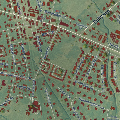 Close-up of the map of Sunset, Louisiana print showing street and building detail
