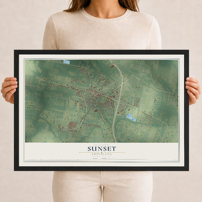 Map of Sunset, Louisiana, 12 x 18 inch print in a black wood frame