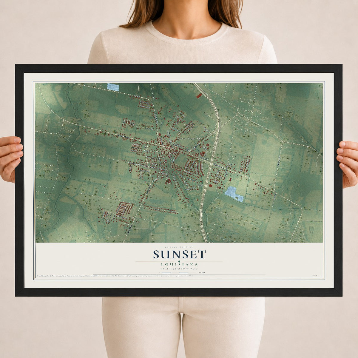 Map of Sunset, Louisiana, 18 x 24 inch print in a black wood frame