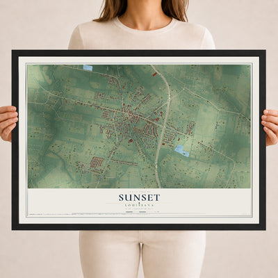 Map of Sunset, Louisiana, 18 x 24 inch print in a black wood frame