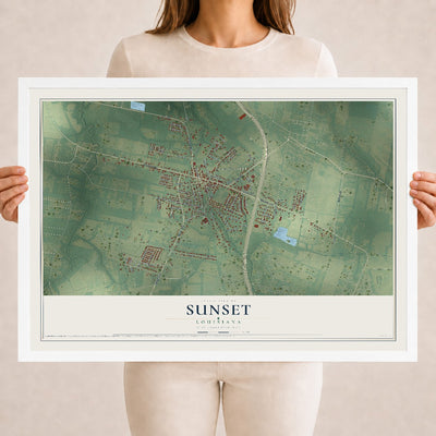 Map of Sunset, Louisiana, 18 x 24 inch print in a white wood frame