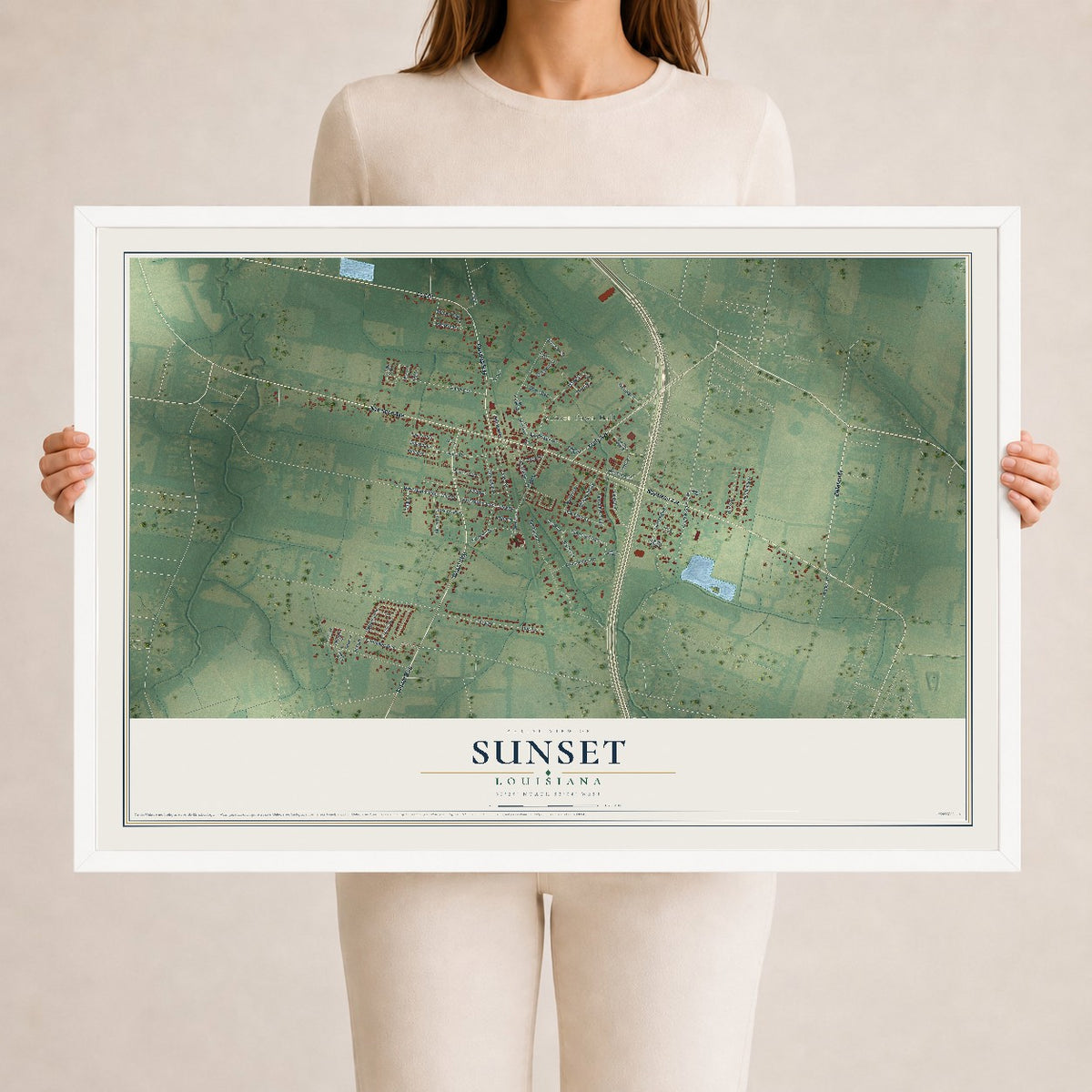 Map of Sunset, Louisiana, 24 x 36 inch print in a white wood frame
