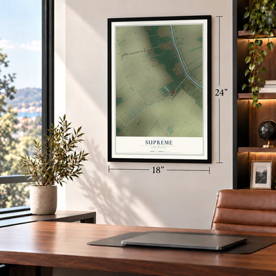Supreme, Louisiana map, 18 x 24 inch print in a black frame in a home office