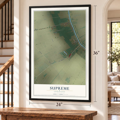 Supreme, Louisiana map, 24 x 36 inch print in a black frame by a staircase