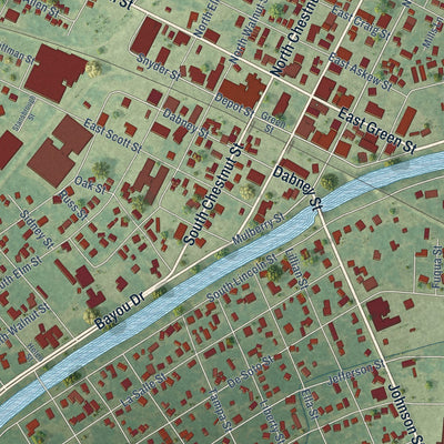 Close-up of the map of Tallulah, Louisiana print showing street and building detail