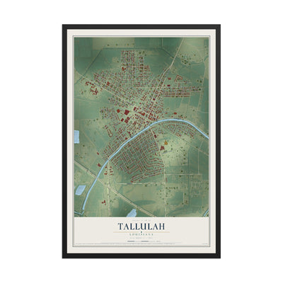 Map of Tallulah, Louisiana, 12 x 18 inch print in a black wood frame