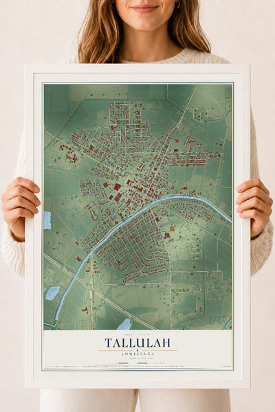 Map of Tallulah, Louisiana, 18 x 24 inch print in a white wood frame