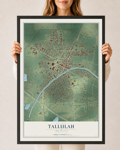 Map of Tallulah, Louisiana, 24 x 36 inch print in a black wood frame