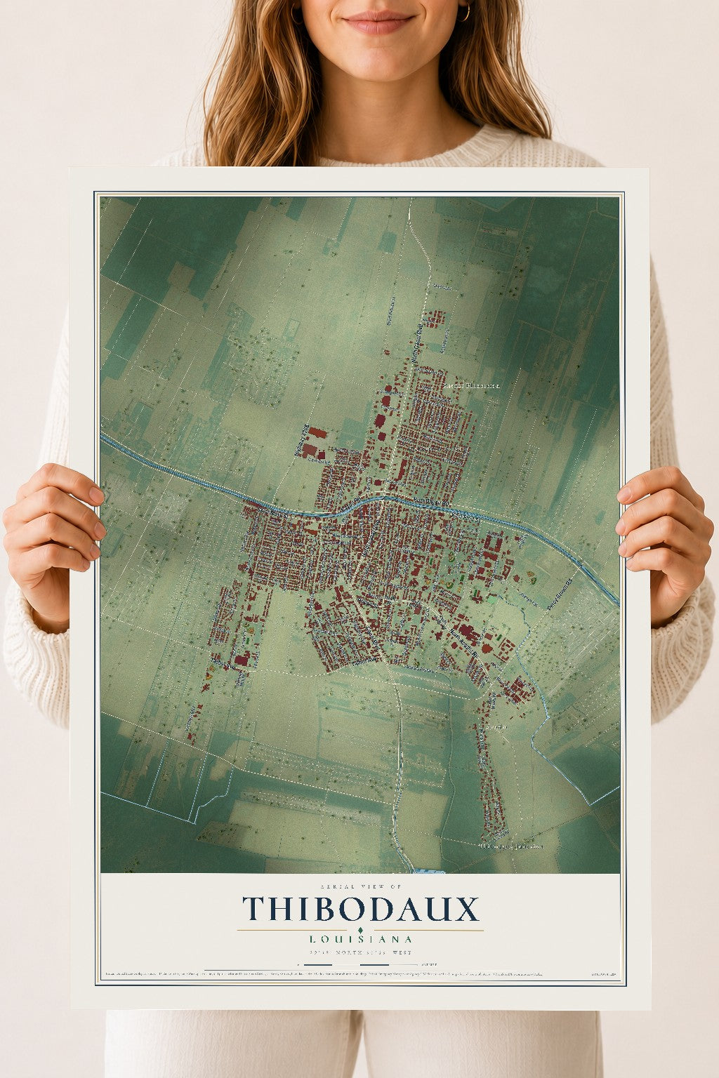 Map of Thibodaux, Louisiana, 18 x 24 inch unframed archival matte print