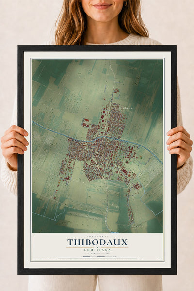Map of Thibodaux, Louisiana, 18 x 24 inch print in a black wood frame