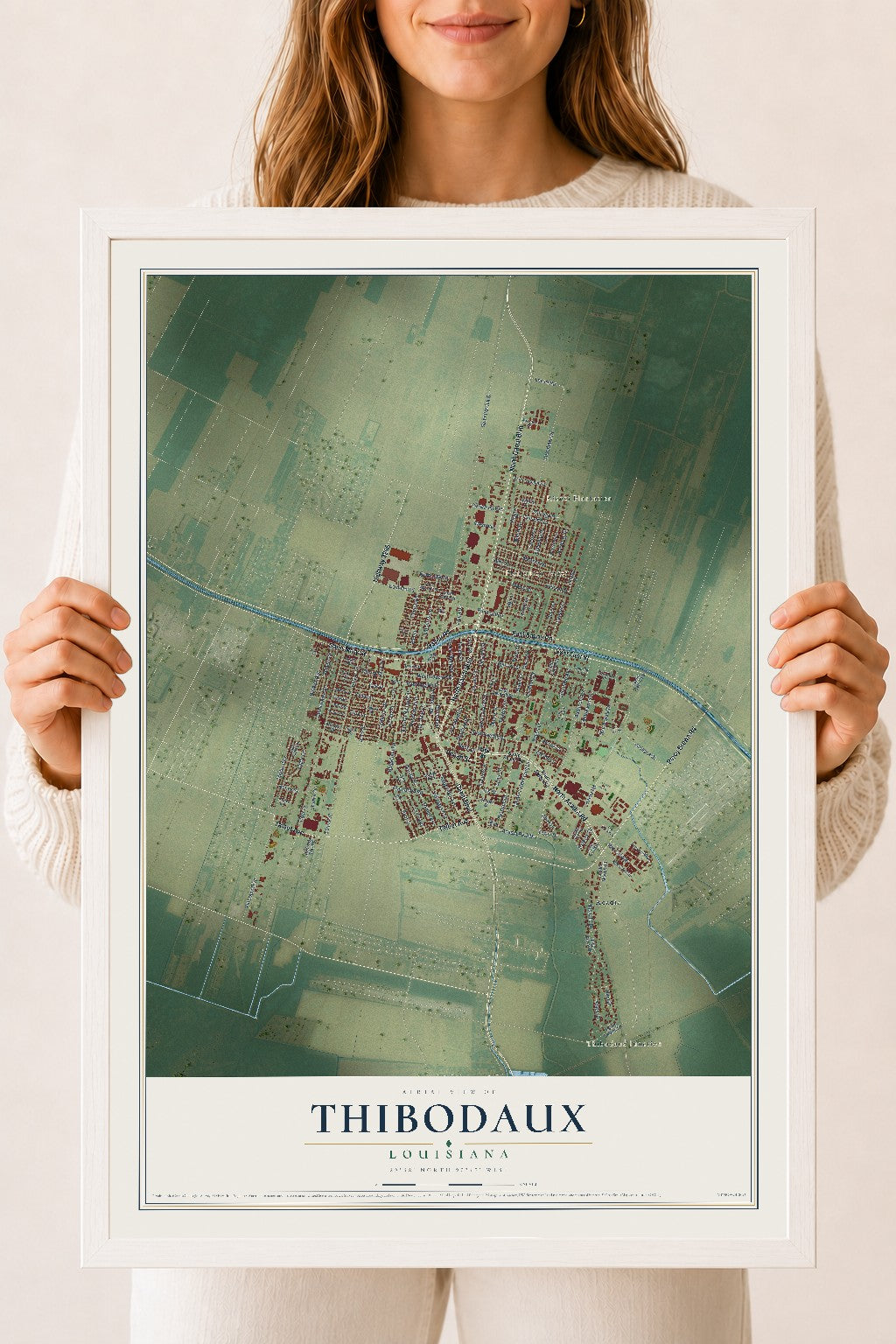 Map of Thibodaux, Louisiana, 18 x 24 inch print in a white wood frame