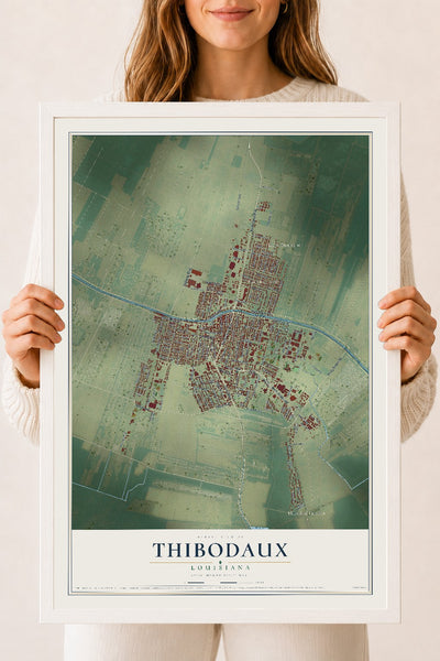 Map of Thibodaux, Louisiana, 18 x 24 inch print in a white wood frame