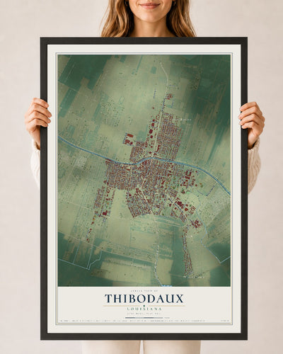 Map of Thibodaux, Louisiana, 24 x 36 inch print in a black wood frame