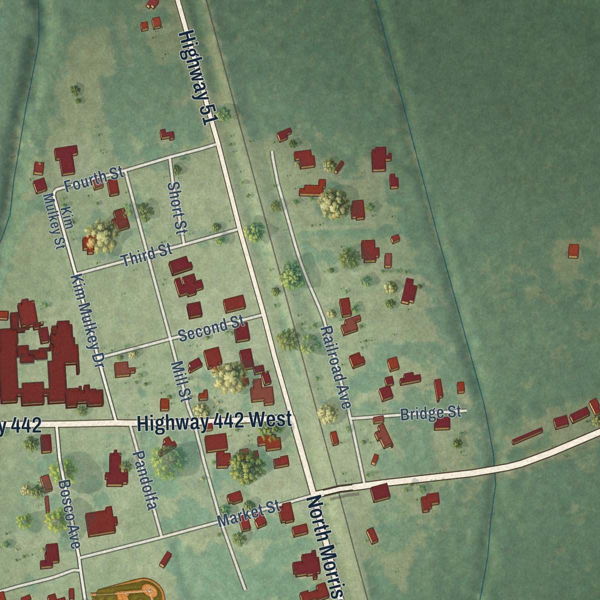 Close-up of the map of Tickfaw, Louisiana print showing street and building detail