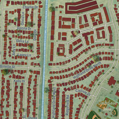 Close-up of the map of Timberlane, Louisiana print showing street and building detail