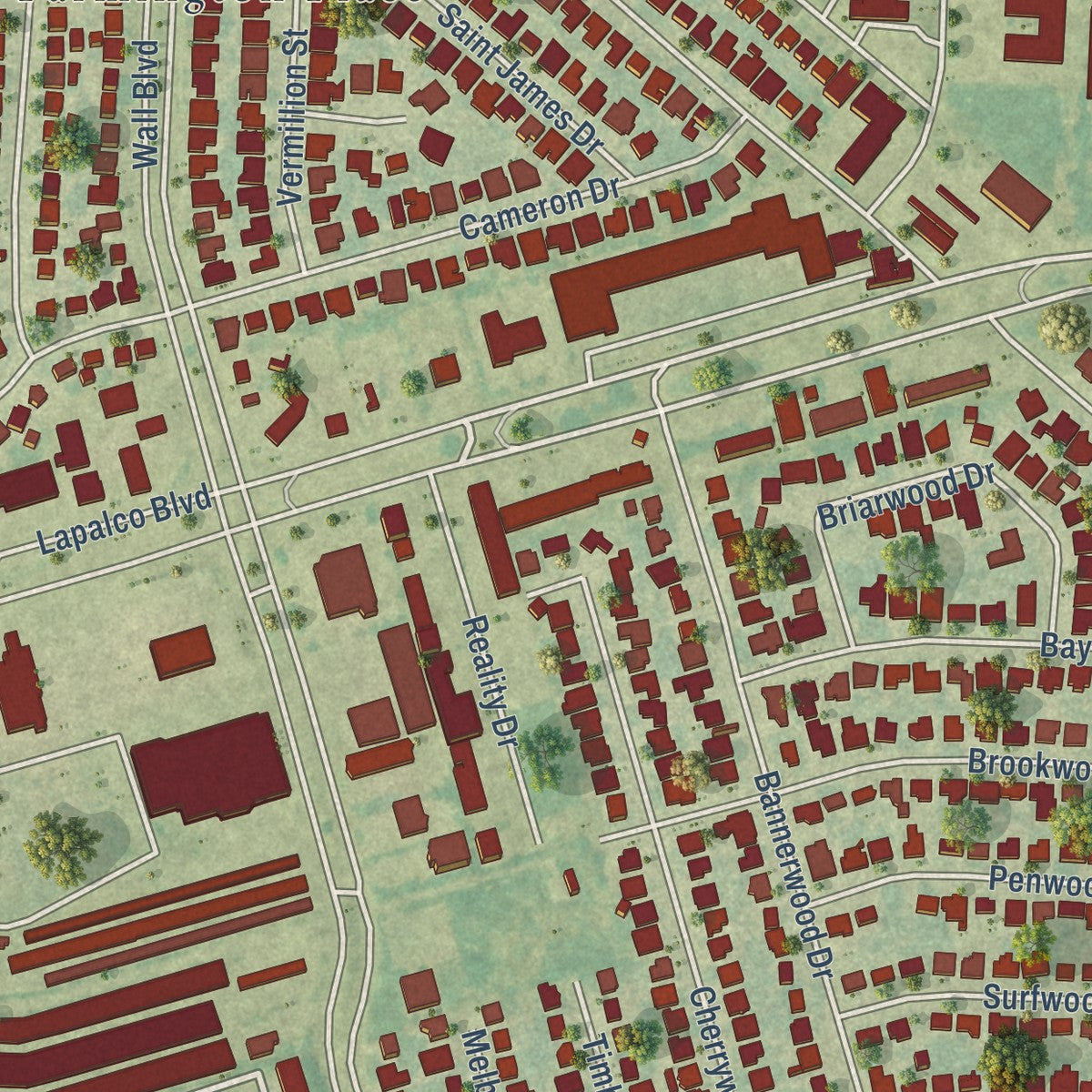 Second close-up of the map of Timberlane, Louisiana print showing more streets and buildings
