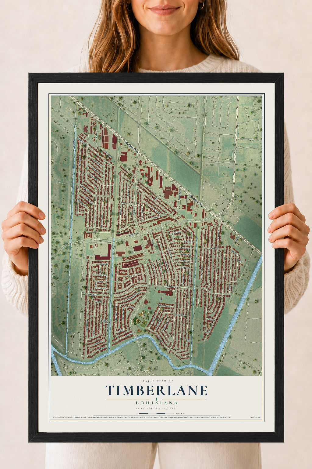 Map of Timberlane, Louisiana, 18 x 24 inch print in a black wood frame