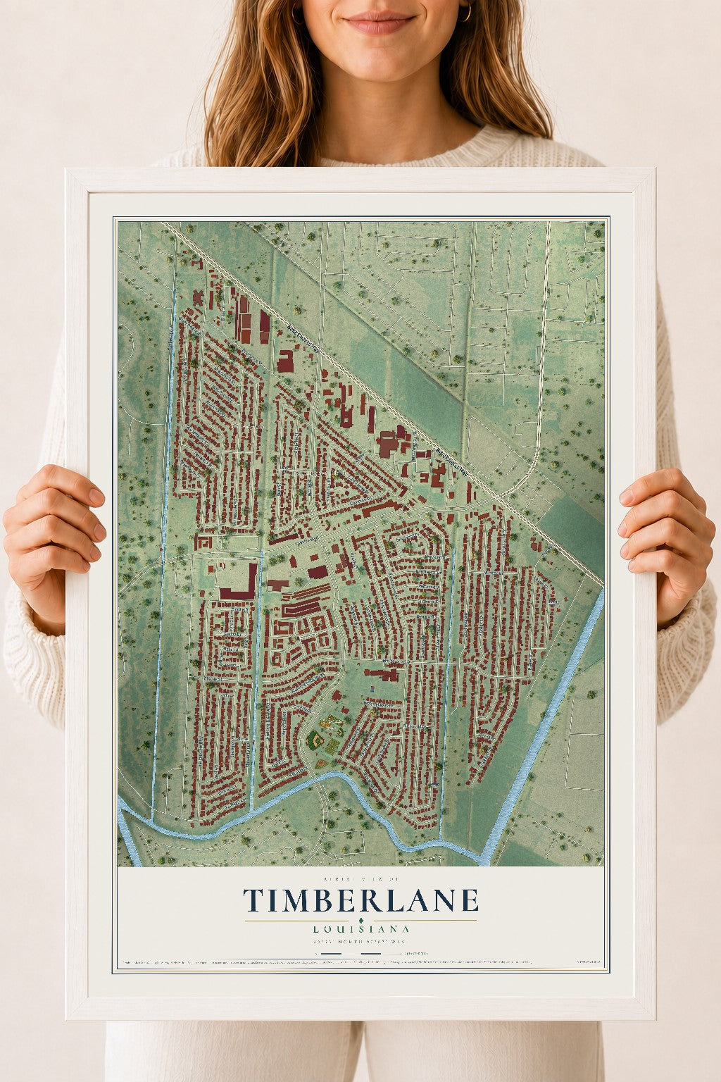 Map of Timberlane, Louisiana, 18 x 24 inch print in a white wood frame